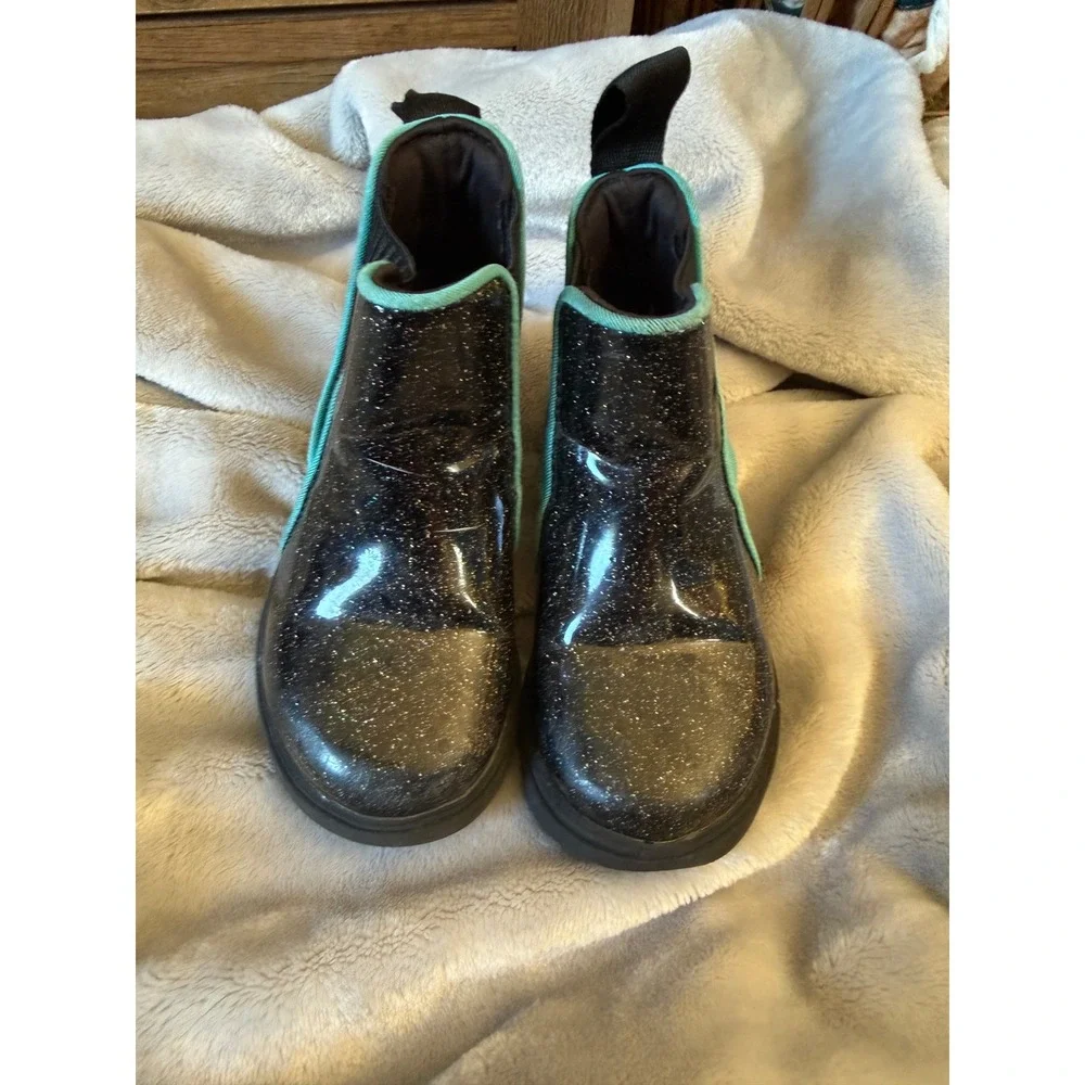 Native black glitter rain boots teal trim‎ youth